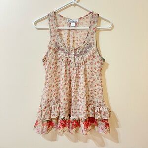 Y2K Fairycore Beige Sheer Floral Beaded Sleeveless Ruffle Hem Tank Top